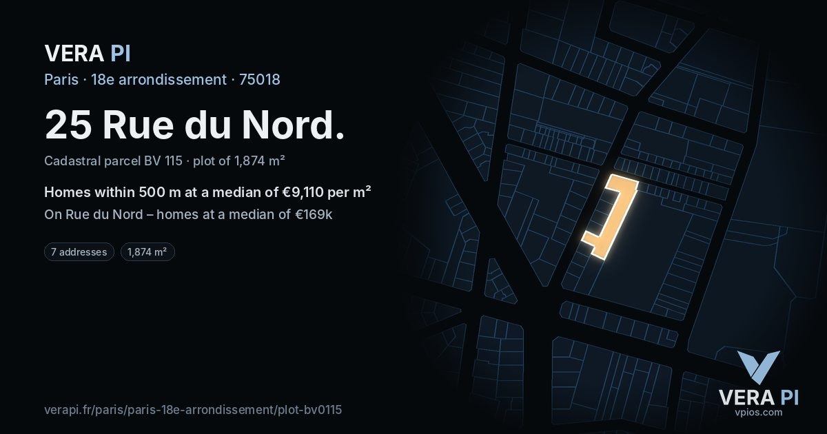 25 Rue du Nord, 18e arrondissement at night – the plot lit, the parcels around coloured by the prices near them