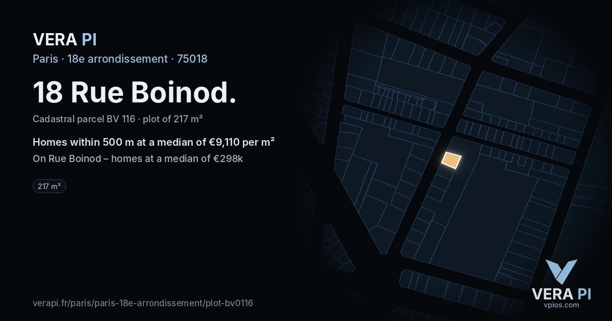 18 Rue Boinod, 18e arrondissement at night – the plot lit, the parcels around coloured by the prices near them
