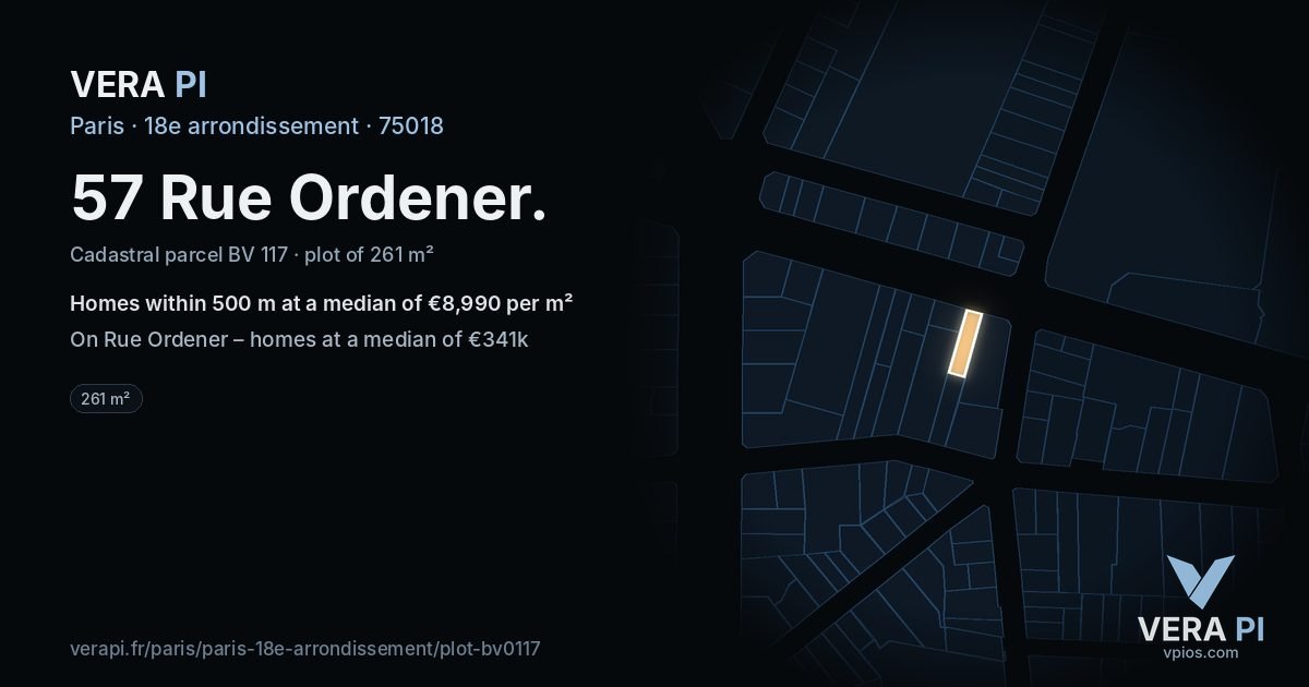 57 Rue Ordener, 18e arrondissement at night – the plot lit, the parcels around coloured by the prices near them