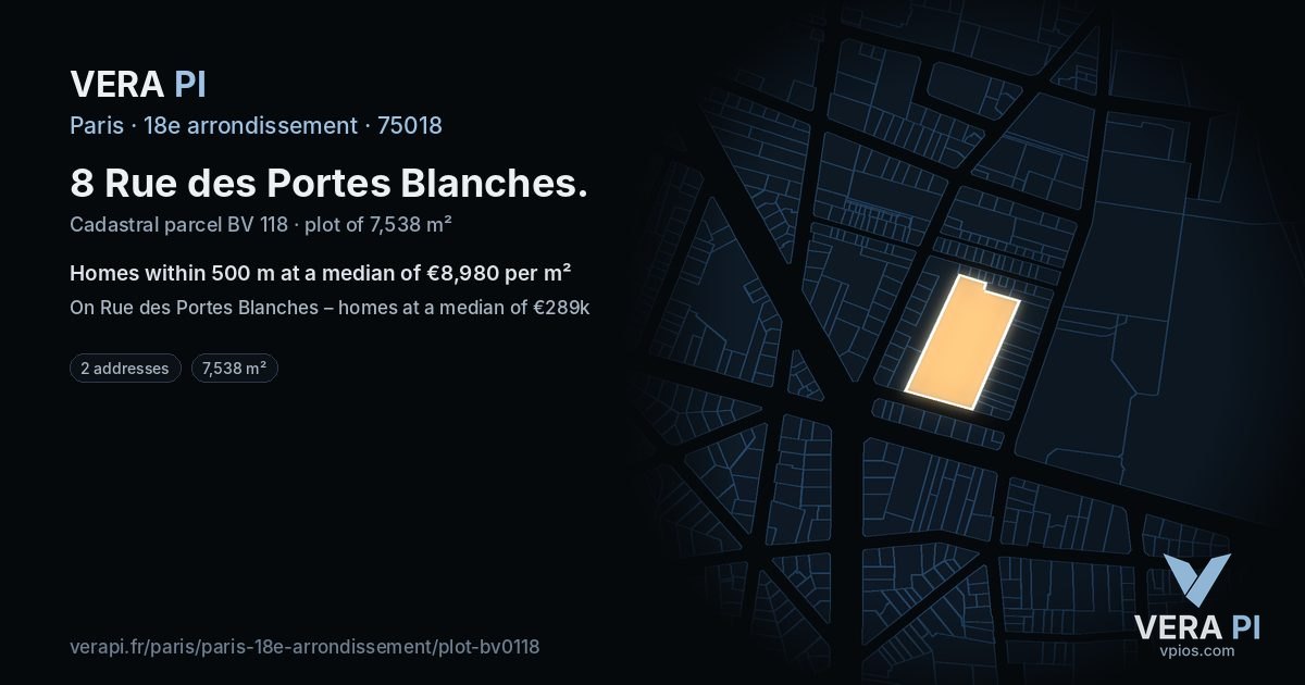 8 Rue des Portes Blanches, 18e arrondissement at night – the plot lit, the parcels around coloured by the prices near them