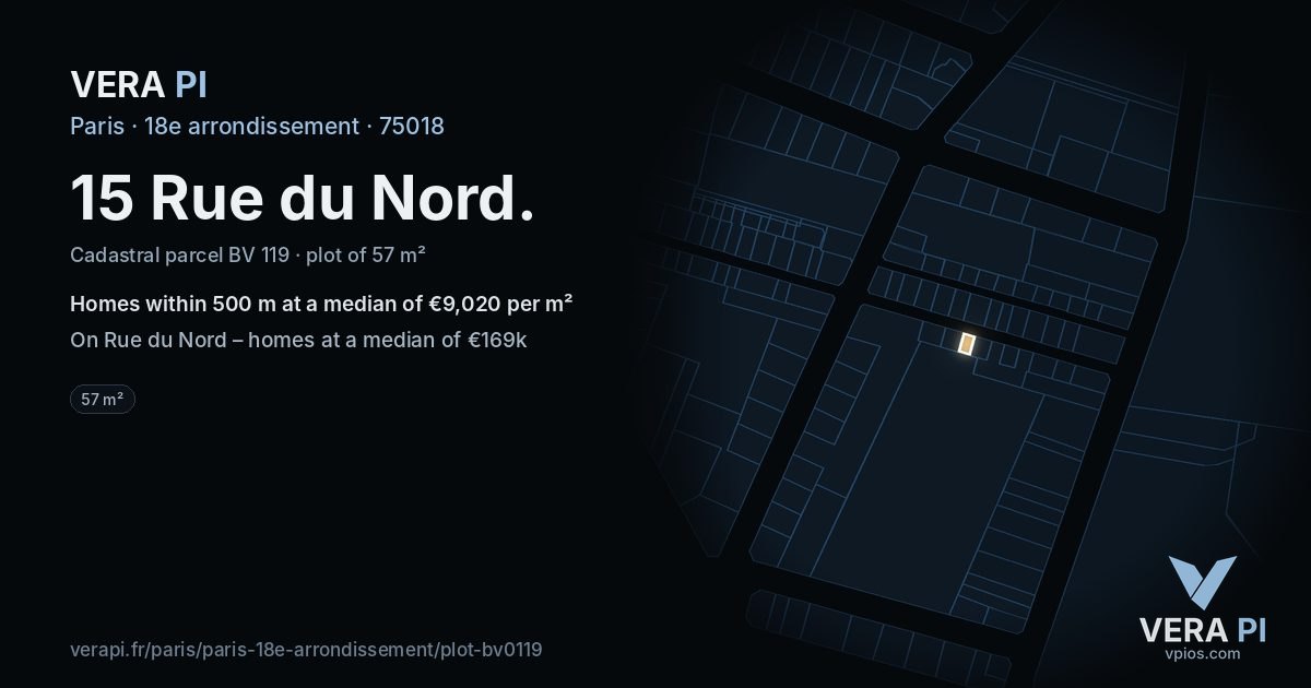 15 Rue du Nord, 18e arrondissement at night – the plot lit, the parcels around coloured by the prices near them