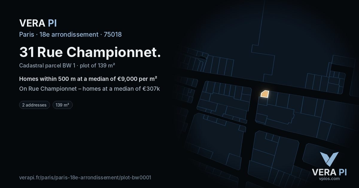 31 Rue Championnet, 18e arrondissement at night – the plot lit, the parcels around coloured by the prices near them