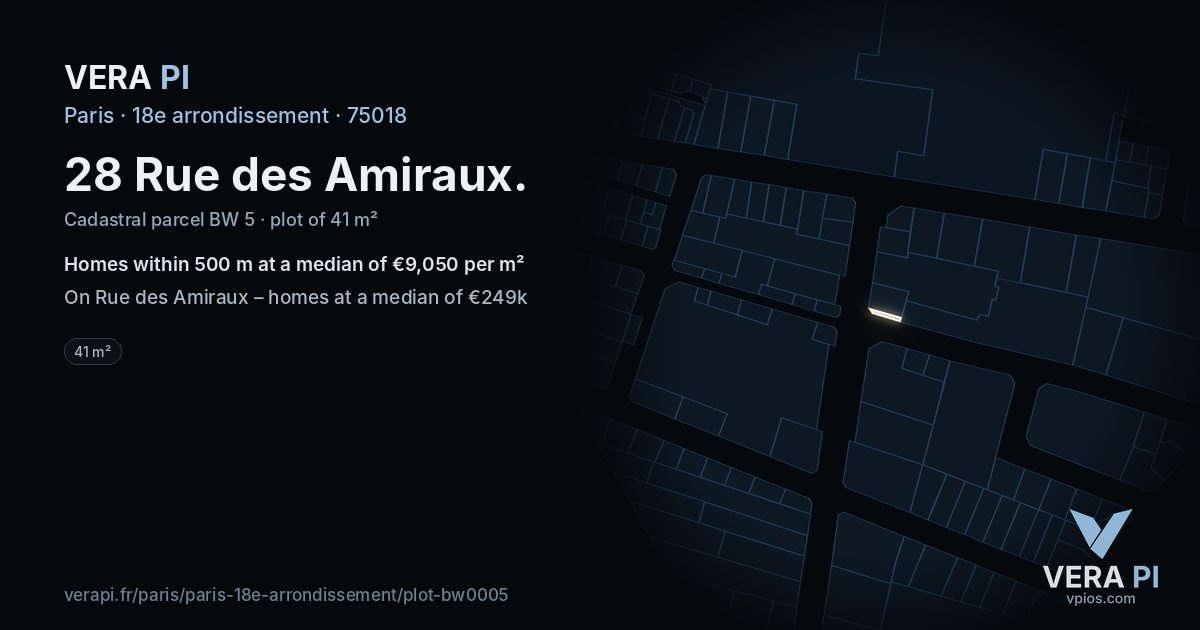 28 Rue des Amiraux, 18e arrondissement at night – the plot lit, the parcels around coloured by the prices near them