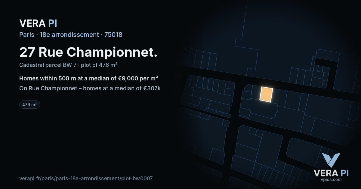 27 Rue Championnet, 18e arrondissement at night – the plot lit, the parcels around coloured by the prices near them