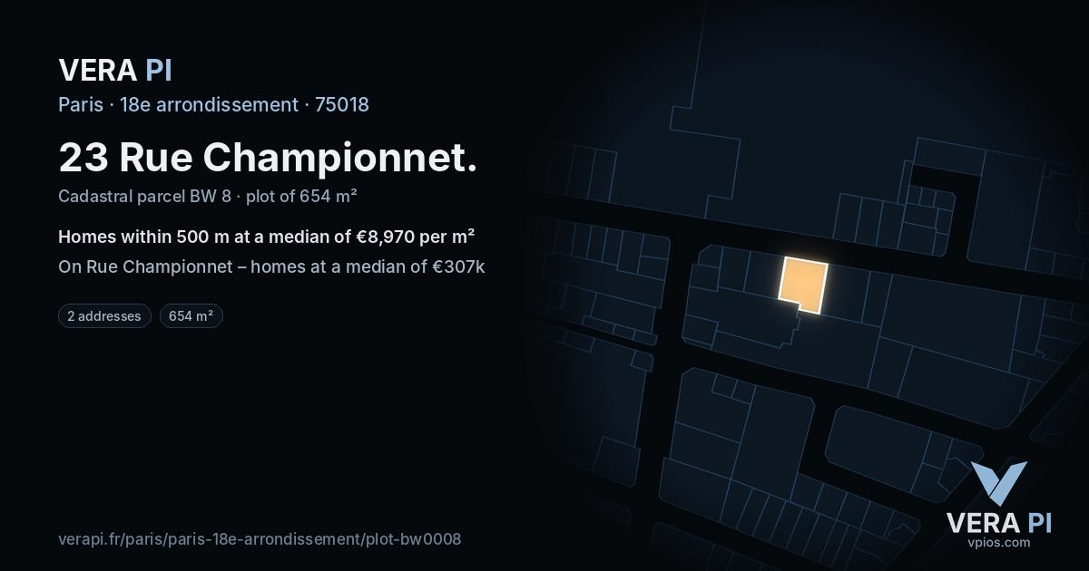 23 Rue Championnet, 18e arrondissement at night – the plot lit, the parcels around coloured by the prices near them