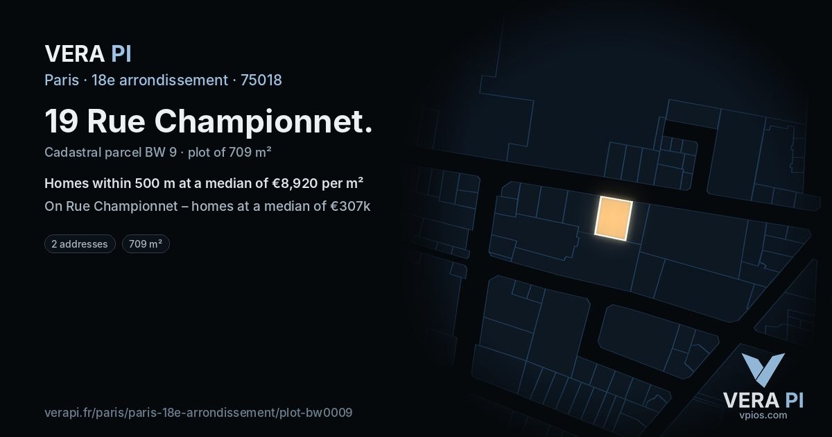 19 Rue Championnet, 18e arrondissement at night – the plot lit, the parcels around coloured by the prices near them