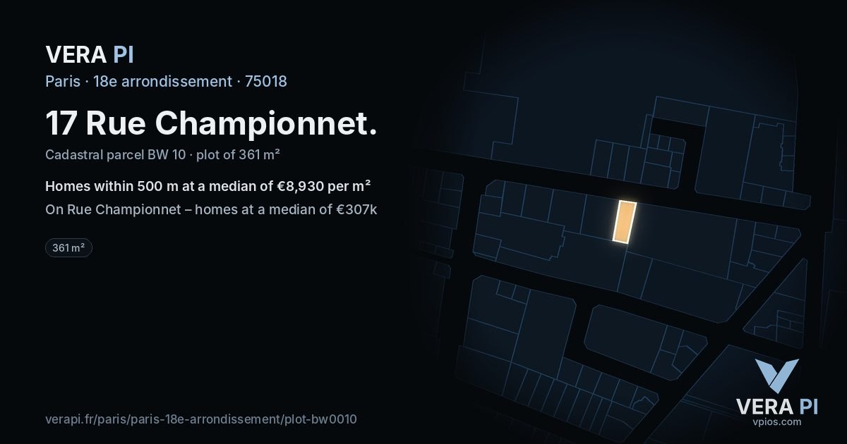 17 Rue Championnet, 18e arrondissement at night – the plot lit, the parcels around coloured by the prices near them