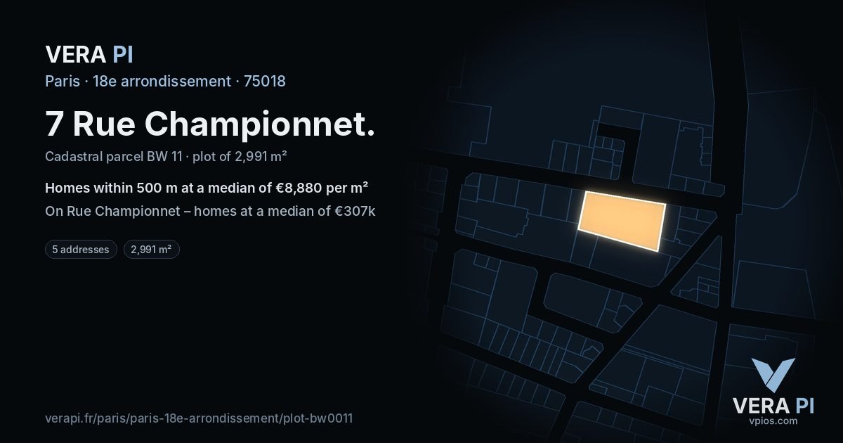 7 Rue Championnet, 18e arrondissement at night – the plot lit, the parcels around coloured by the prices near them