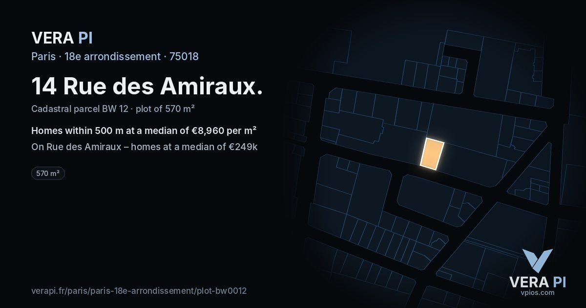 14 Rue des Amiraux, 18e arrondissement at night – the plot lit, the parcels around coloured by the prices near them
