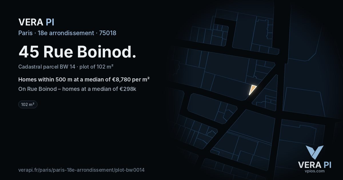 45 Rue Boinod, 18e arrondissement at night – the plot lit, the parcels around coloured by the prices near them