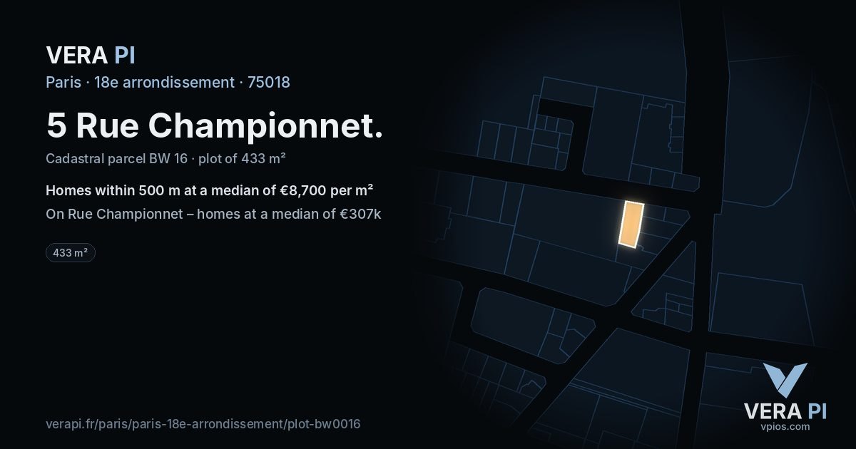 5 Rue Championnet, 18e arrondissement at night – the plot lit, the parcels around coloured by the prices near them
