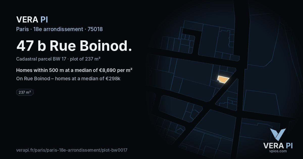 47 b Rue Boinod, 18e arrondissement at night – the plot lit, the parcels around coloured by the prices near them