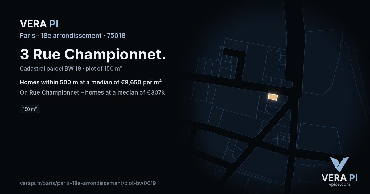 3 Rue Championnet, 18e arrondissement at night – the plot lit, the parcels around coloured by the prices near them