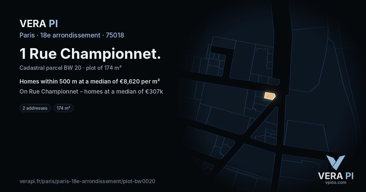 1 Rue Championnet, 18e arrondissement at night – the plot lit, the parcels around coloured by the prices near them