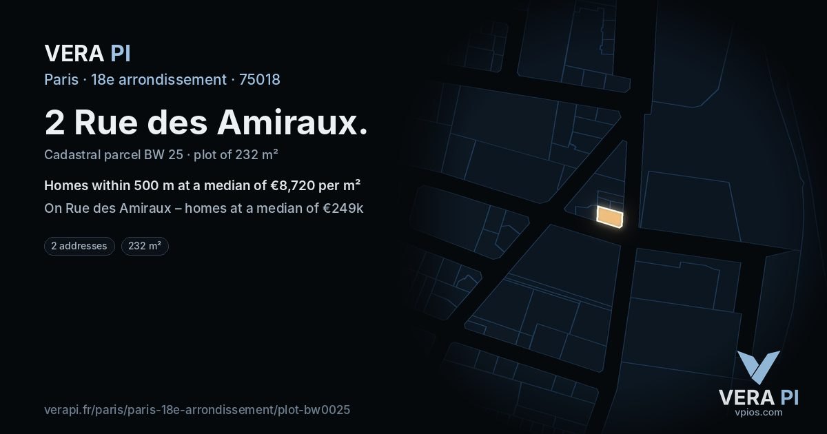 2 Rue des Amiraux, 18e arrondissement at night – the plot lit, the parcels around coloured by the prices near them