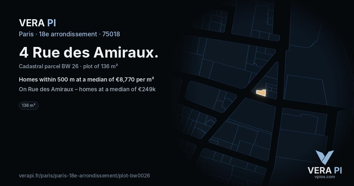 4 Rue des Amiraux, 18e arrondissement at night – the plot lit, the parcels around coloured by the prices near them