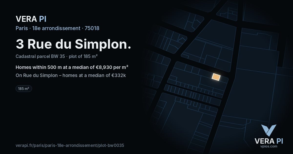 3 Rue du Simplon, 18e arrondissement at night – the plot lit, the parcels around coloured by the prices near them