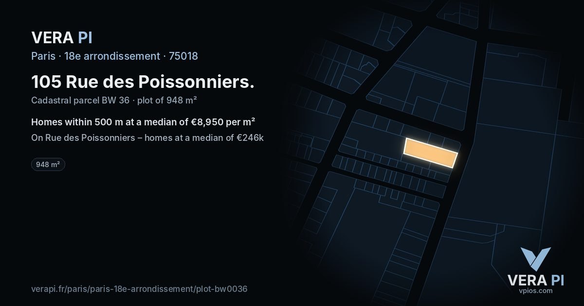 105 Rue des Poissonniers, 18e arrondissement at night – the plot lit, the parcels around coloured by the prices near them
