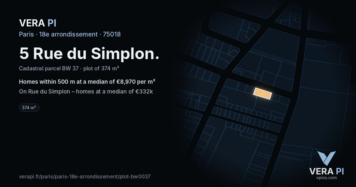 5 Rue du Simplon, 18e arrondissement at night – the plot lit, the parcels around coloured by the prices near them