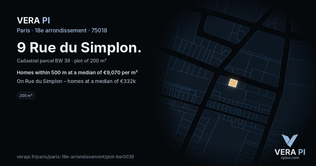 9 Rue du Simplon, 18e arrondissement at night – the plot lit, the parcels around coloured by the prices near them