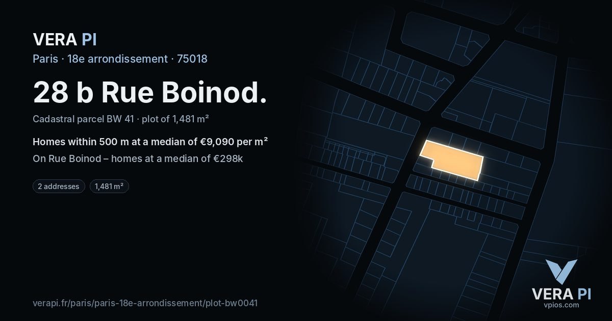28 b Rue Boinod, 18e arrondissement at night – the plot lit, the parcels around coloured by the prices near them