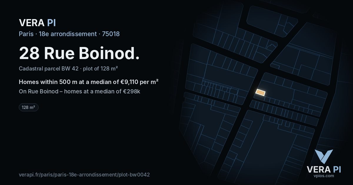 28 Rue Boinod, 18e arrondissement at night – the plot lit, the parcels around coloured by the prices near them