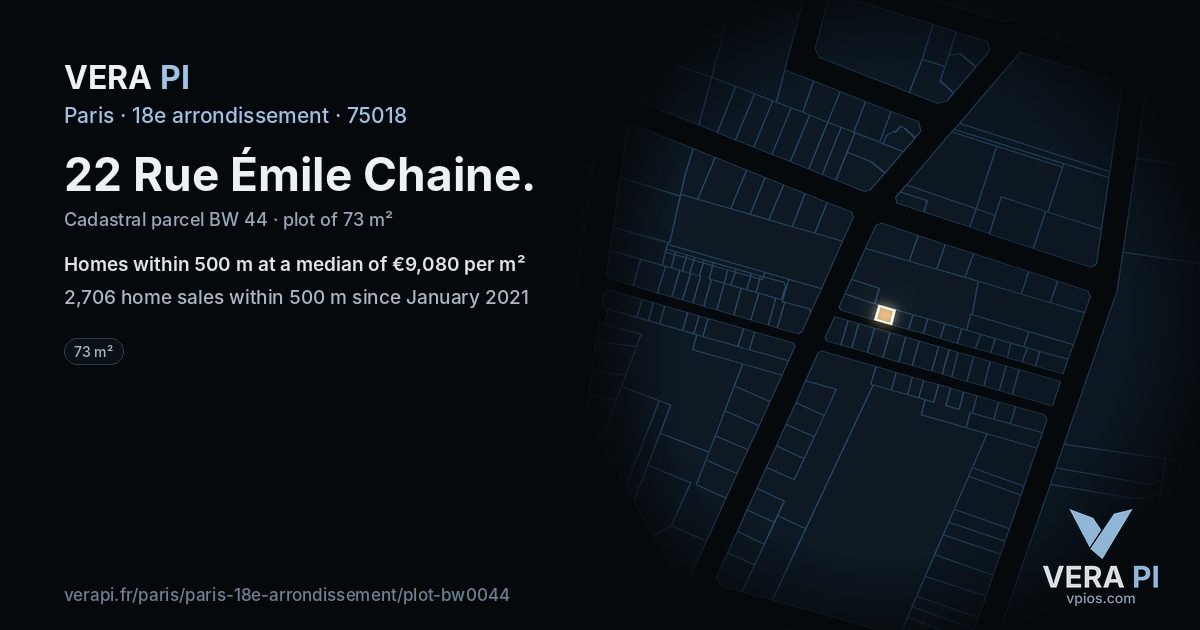 22 Rue Émile Chaine, 18e arrondissement at night – the plot lit, the parcels around coloured by the prices near them
