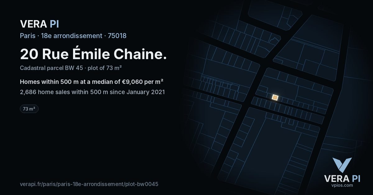 20 Rue Émile Chaine, 18e arrondissement at night – the plot lit, the parcels around coloured by the prices near them