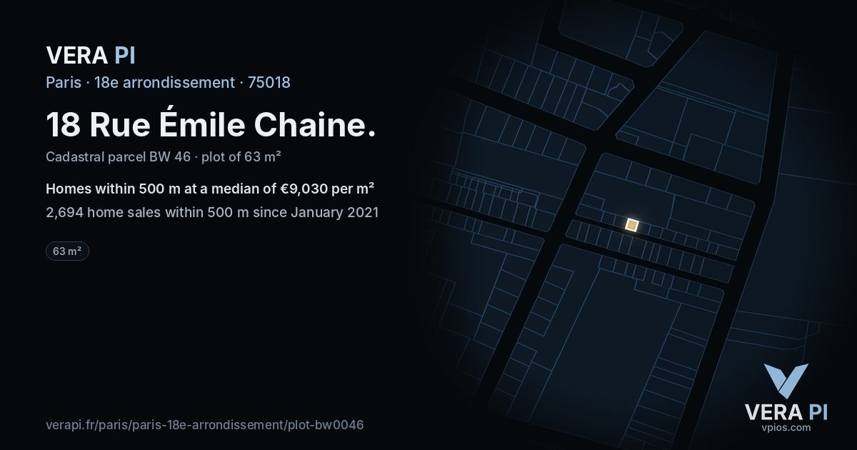 18 Rue Émile Chaine, 18e arrondissement at night – the plot lit, the parcels around coloured by the prices near them