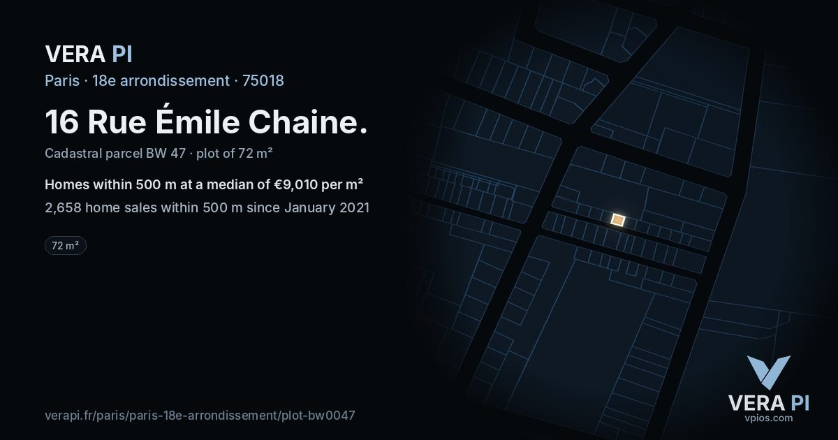 16 Rue Émile Chaine, 18e arrondissement at night – the plot lit, the parcels around coloured by the prices near them