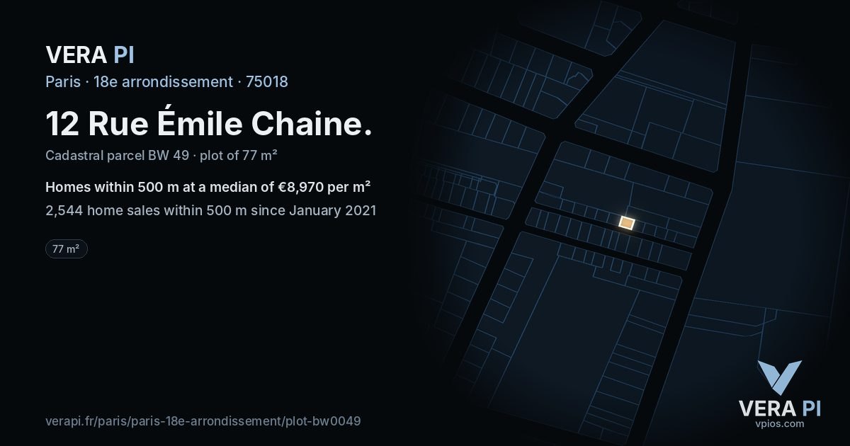 12 Rue Émile Chaine, 18e arrondissement at night – the plot lit, the parcels around coloured by the prices near them