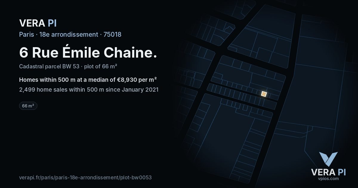 6 Rue Émile Chaine, 18e arrondissement at night – the plot lit, the parcels around coloured by the prices near them