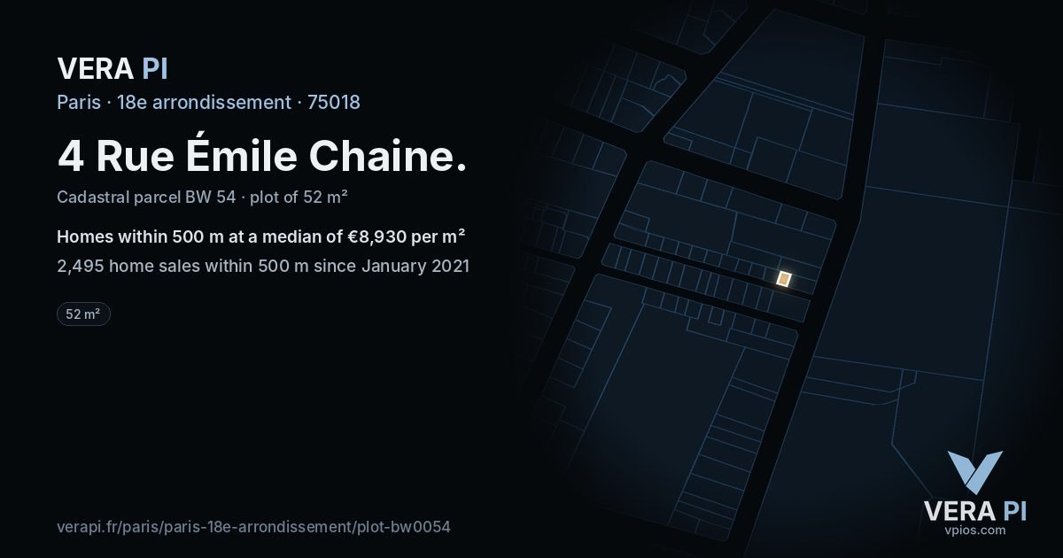 4 Rue Émile Chaine, 18e arrondissement at night – the plot lit, the parcels around coloured by the prices near them