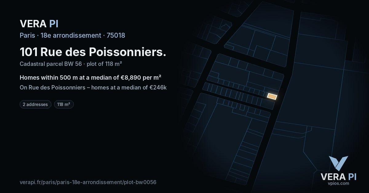 101 Rue des Poissonniers, 18e arrondissement at night – the plot lit, the parcels around coloured by the prices near them