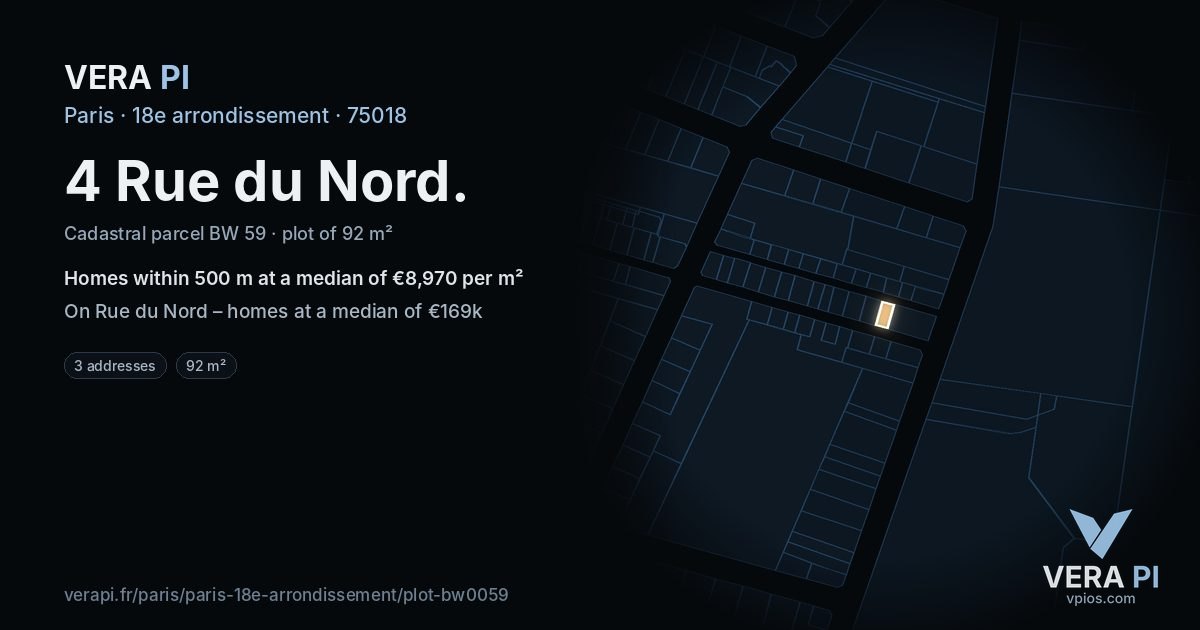 4 Rue du Nord, 18e arrondissement at night – the plot lit, the parcels around coloured by the prices near them