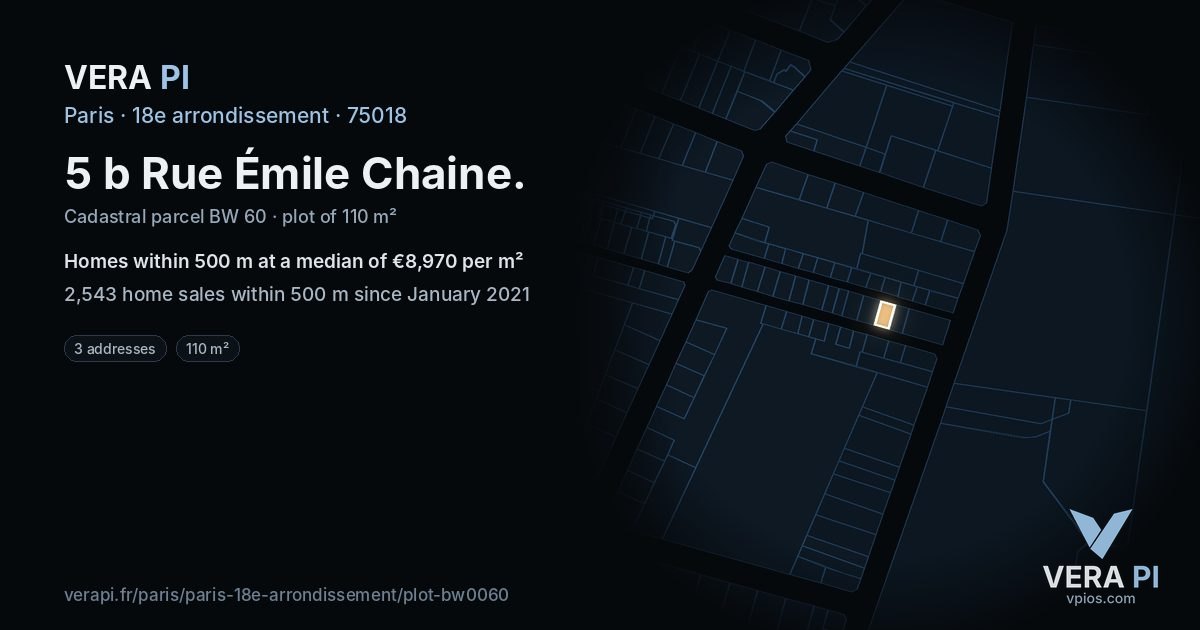 5 b Rue Émile Chaine, 18e arrondissement at night – the plot lit, the parcels around coloured by the prices near them