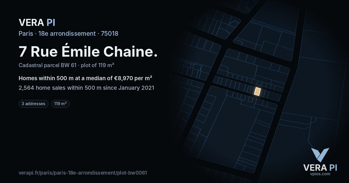 7 Rue Émile Chaine, 18e arrondissement at night – the plot lit, the parcels around coloured by the prices near them
