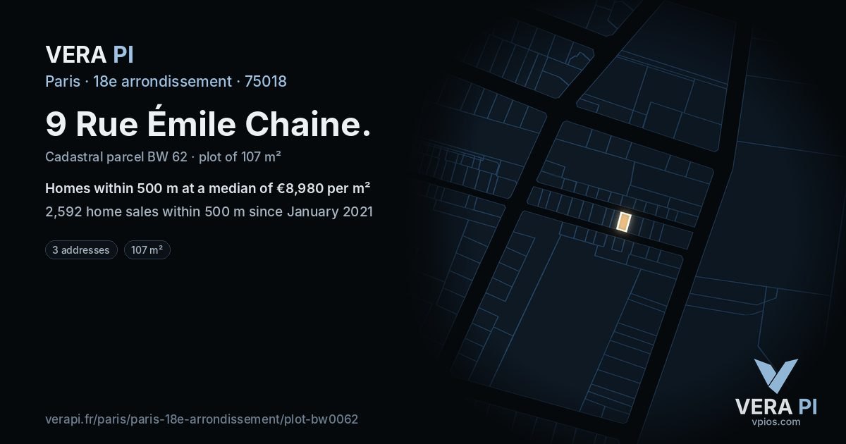 9 Rue Émile Chaine, 18e arrondissement at night – the plot lit, the parcels around coloured by the prices near them