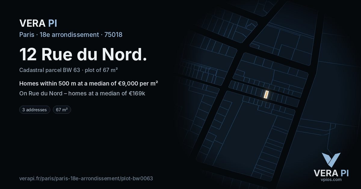 12 Rue du Nord, 18e arrondissement at night – the plot lit, the parcels around coloured by the prices near them