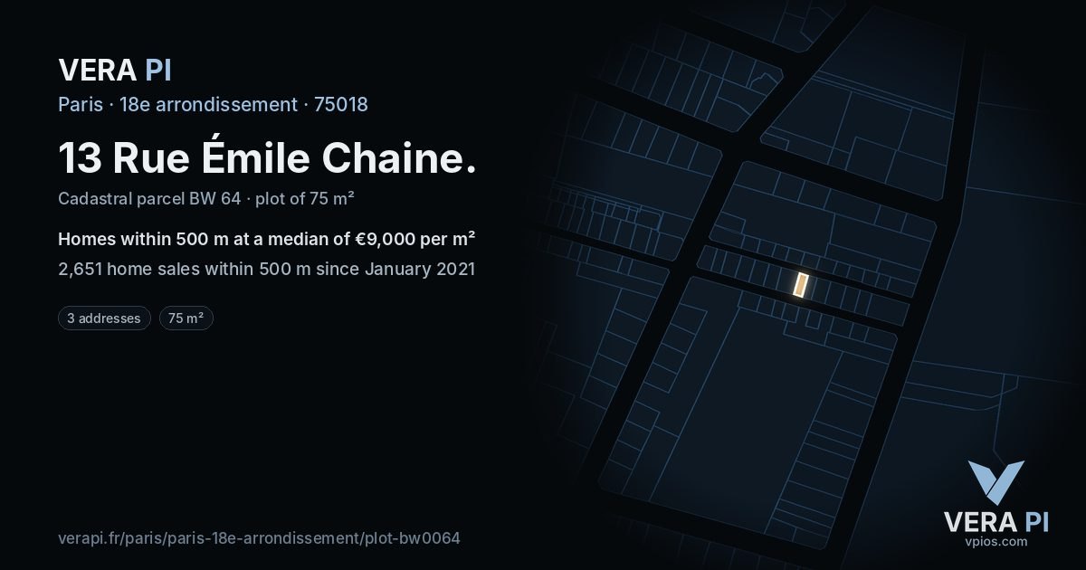 13 Rue Émile Chaine, 18e arrondissement at night – the plot lit, the parcels around coloured by the prices near them