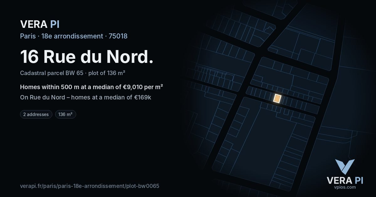 16 Rue du Nord, 18e arrondissement at night – the plot lit, the parcels around coloured by the prices near them