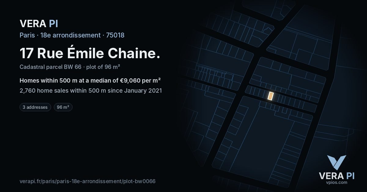 17 Rue Émile Chaine, 18e arrondissement at night – the plot lit, the parcels around coloured by the prices near them