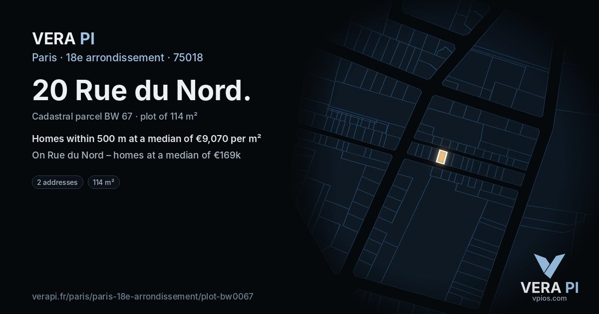 20 Rue du Nord, 18e arrondissement at night – the plot lit, the parcels around coloured by the prices near them