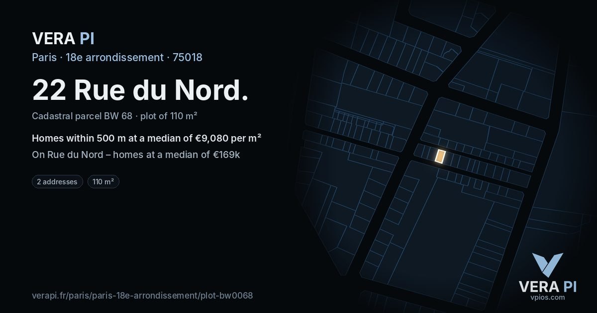 22 Rue du Nord, 18e arrondissement at night – the plot lit, the parcels around coloured by the prices near them