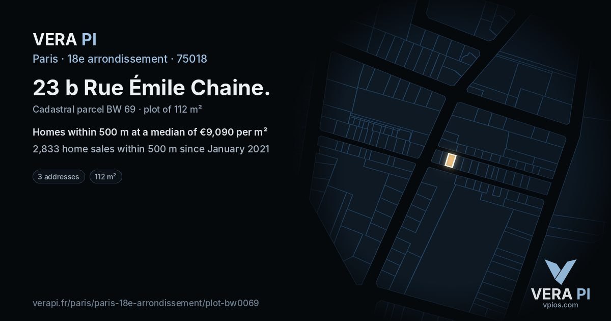 23 b Rue Émile Chaine, 18e arrondissement at night – the plot lit, the parcels around coloured by the prices near them