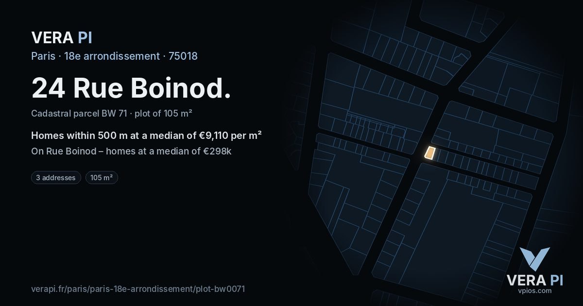 24 Rue Boinod, 18e arrondissement at night – the plot lit, the parcels around coloured by the prices near them