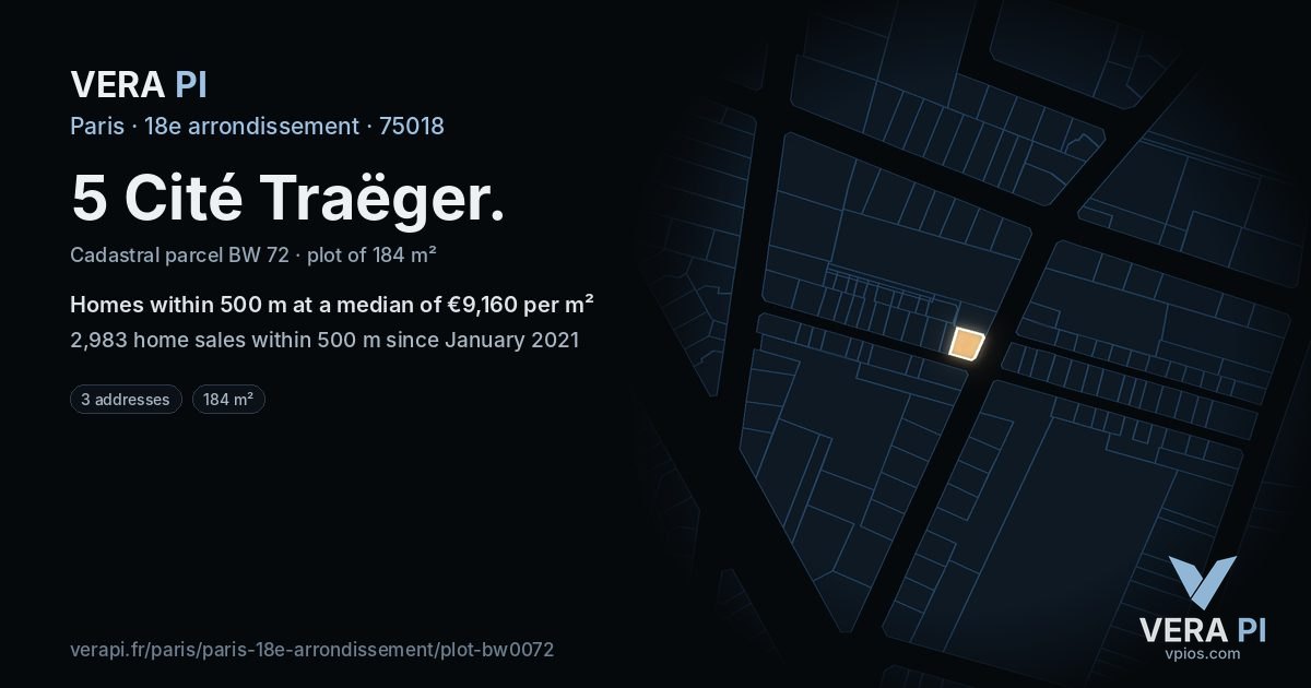5 Cité Traëger, 18e arrondissement at night – the plot lit, the parcels around coloured by the prices near them
