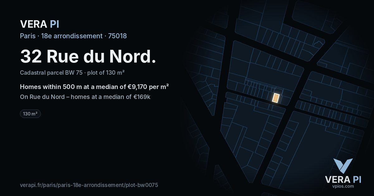 32 Rue du Nord, 18e arrondissement at night – the plot lit, the parcels around coloured by the prices near them