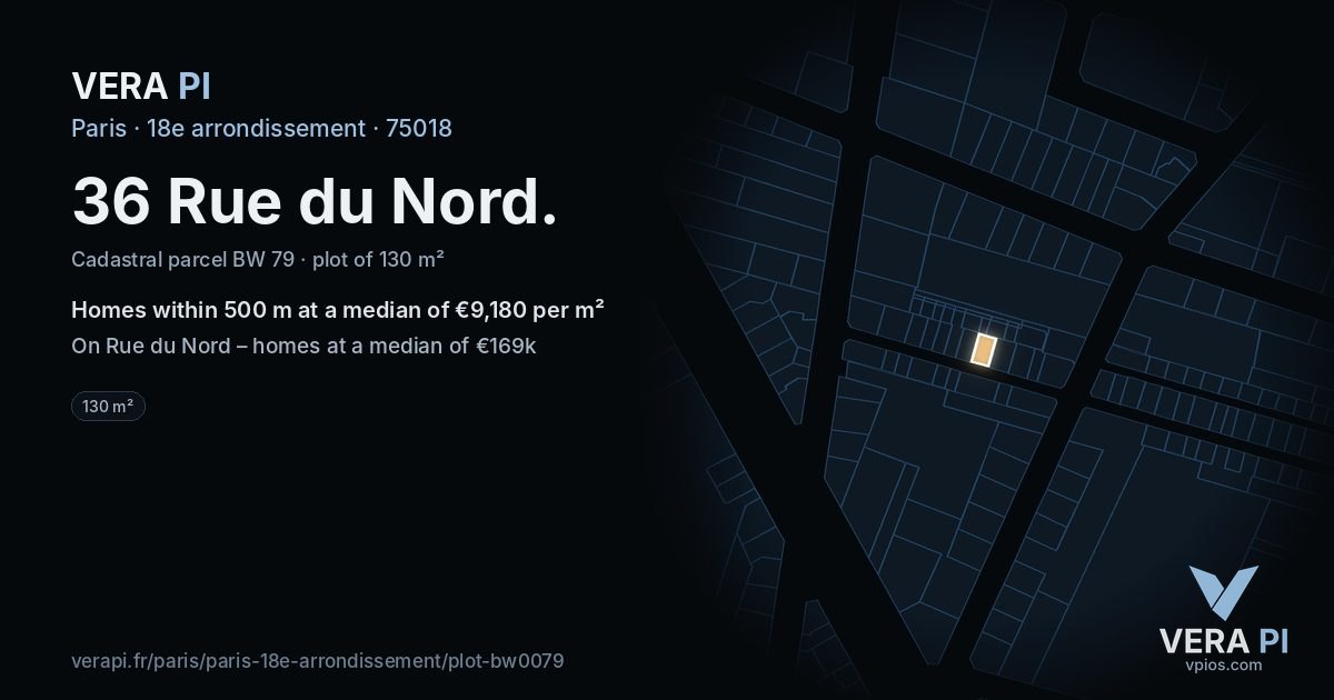 36 Rue du Nord, 18e arrondissement at night – the plot lit, the parcels around coloured by the prices near them