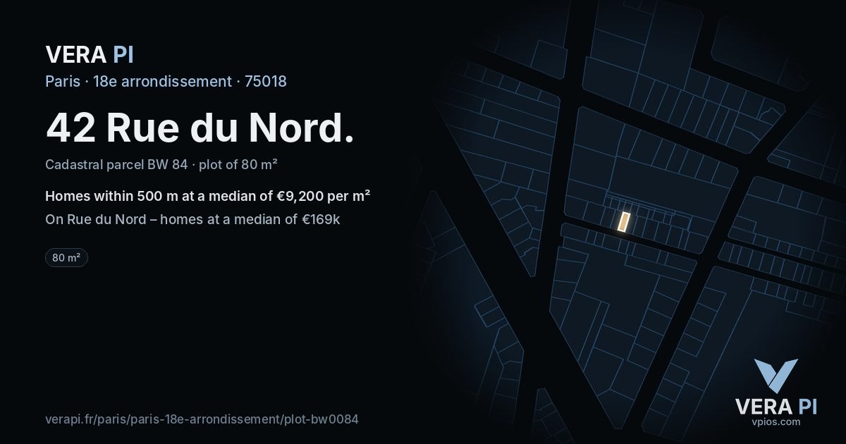 42 Rue du Nord, 18e arrondissement at night – the plot lit, the parcels around coloured by the prices near them
